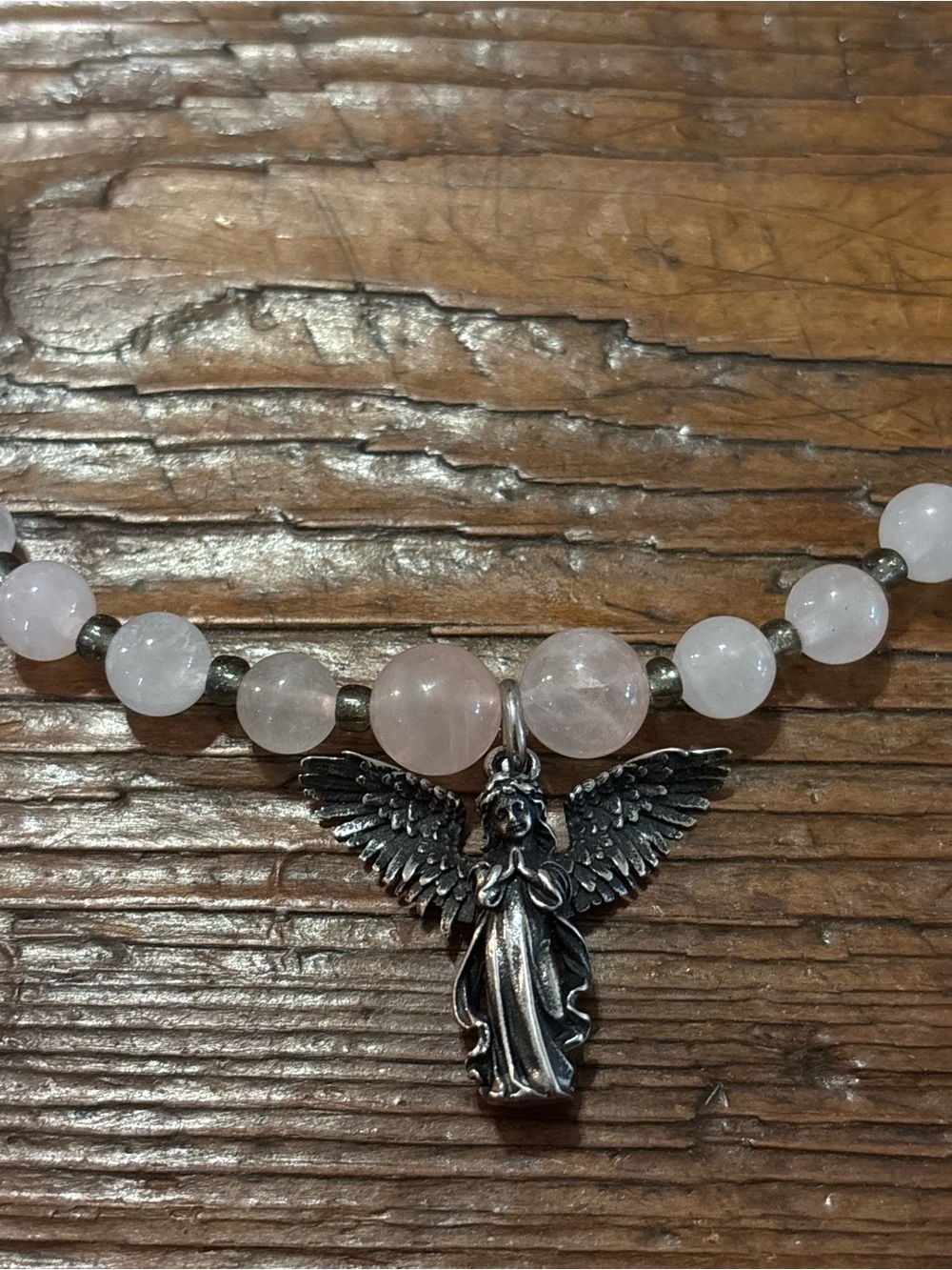 Rose Quartz Beaded Necklace with Angel Pendant - Pink